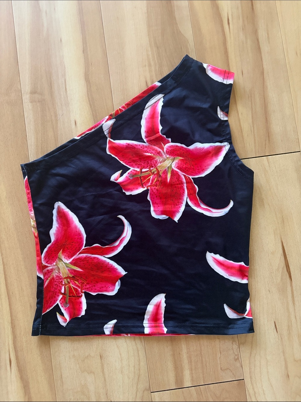 Women’s One-Shoulder Floral Tank Top - Black with Pink Lillies Size S/M